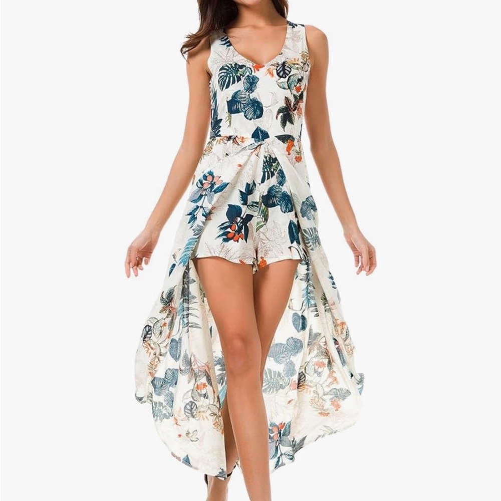 Tropical Print split maxi romper dress